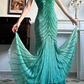 Teal Green Vintage Halter V‑Neck Prom Gown, Full‑Body Radiant Hand‑Beaded Sequin Details, Fitted Waist Bodycon Mermaid Long Skirt, Small Train, Evening Prom Dress gh8805