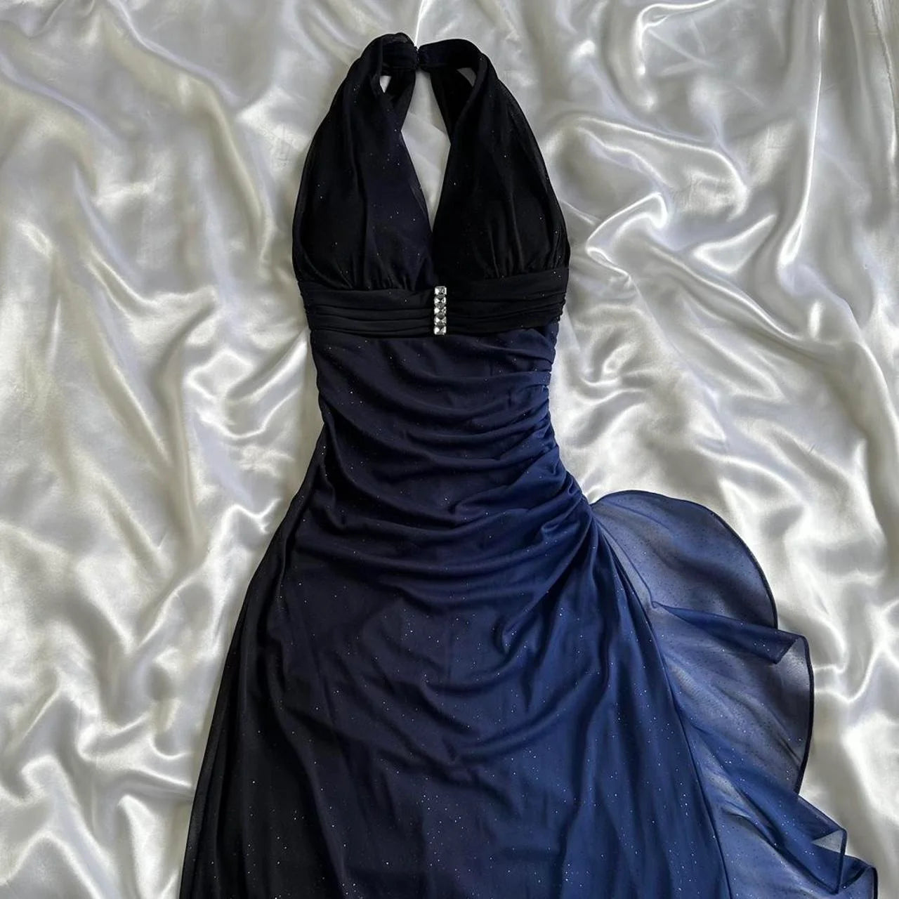 Robe de soirée longue en mousseline de soie bleu foncé/violet, élégante et brillante, avec bretelles perlées, robe de bal, robe de soirée, robe de remise de diplôme gh3507