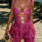 Robe courte en mousseline de soie rose brillante et mignonne à volants, tenue de soirée, d'anniversaire, de vacances, gh4849