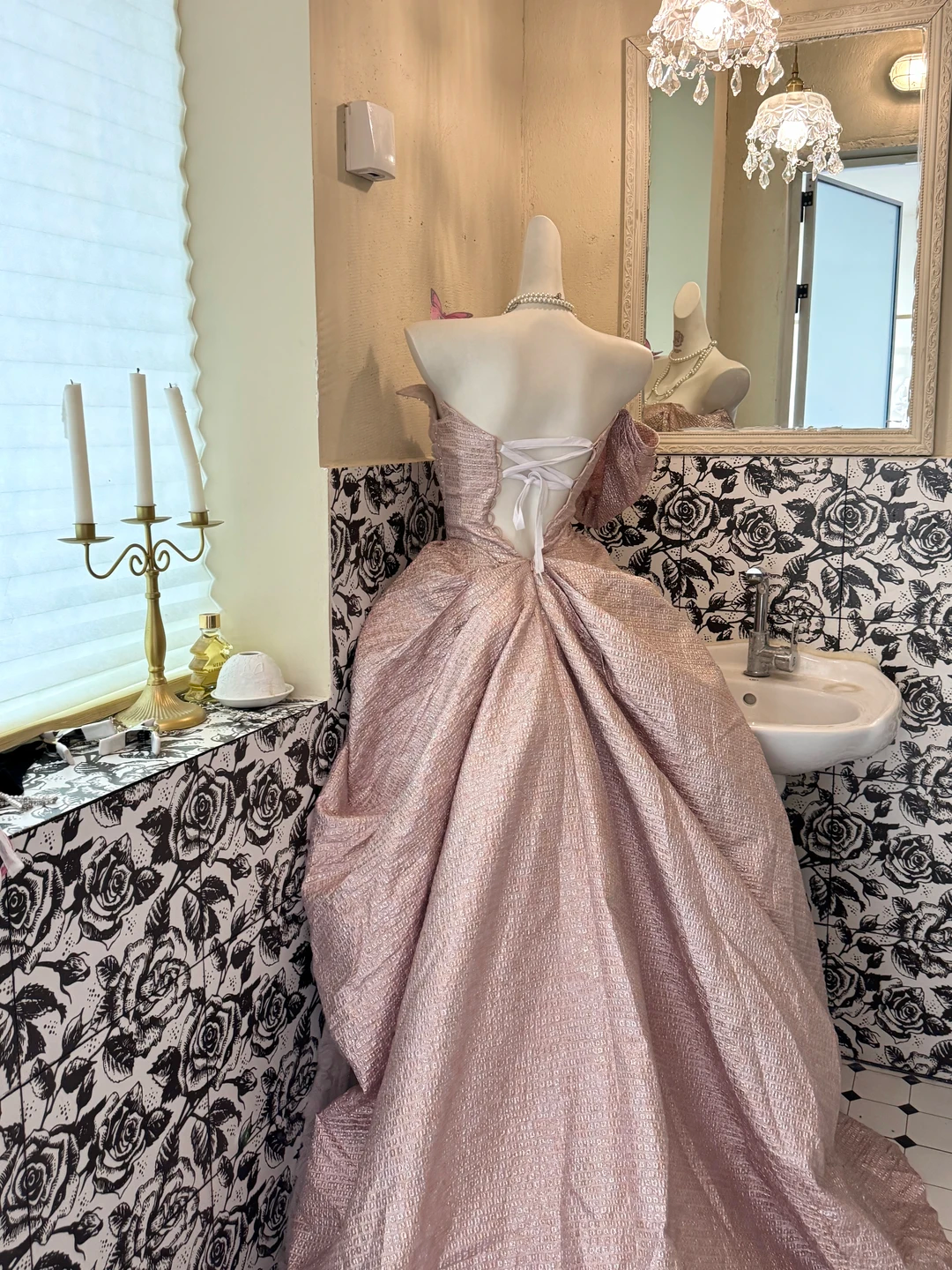 Light Pink Designer Neckline Waist-Cinched Fitted Puffy Long Tiered Vintage Romantic Dress, Wedding Gown gh7536