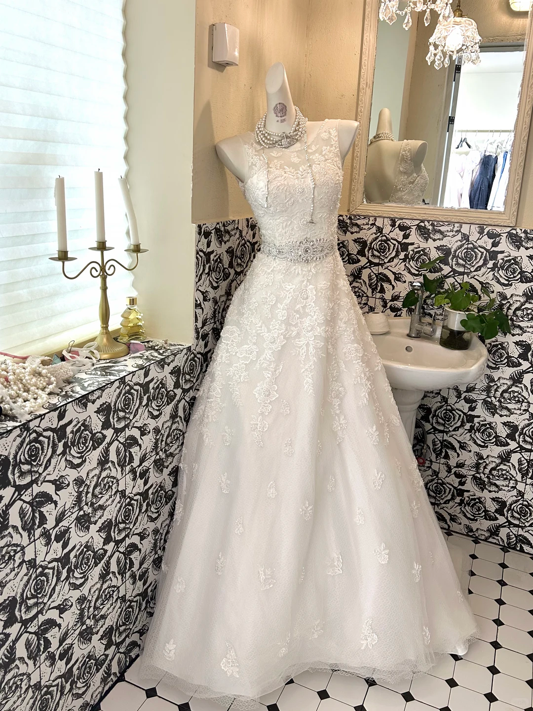 Ivory Sleeveless Waist-Cinched Lace A-Line Long Romantic Dress, Wedding Gown gh7676
