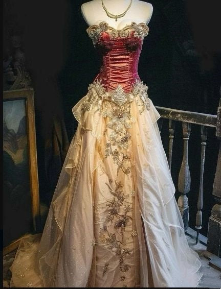Wunderschönes, rotes, zartes, florales Spitzen-Abendkleid aus Tüll mit bodenlanger Länge, Ballkleid, gh3470