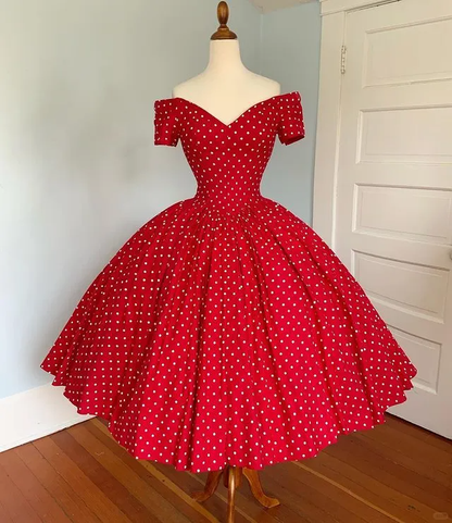 Red White Polka Dot 1950s Vintage Midi Dress, Off‑Shoulder V‑Neck Short Sleeve Fitted Bodice Gathered Full Swing Skirt Cocktail Gown gh9092
