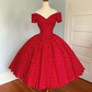 Red White Polka Dot 1950s Vintage Midi Dress, Off‑Shoulder V‑Neck Short Sleeve Fitted Bodice Gathered Full Swing Skirt Cocktail Gown gh9092