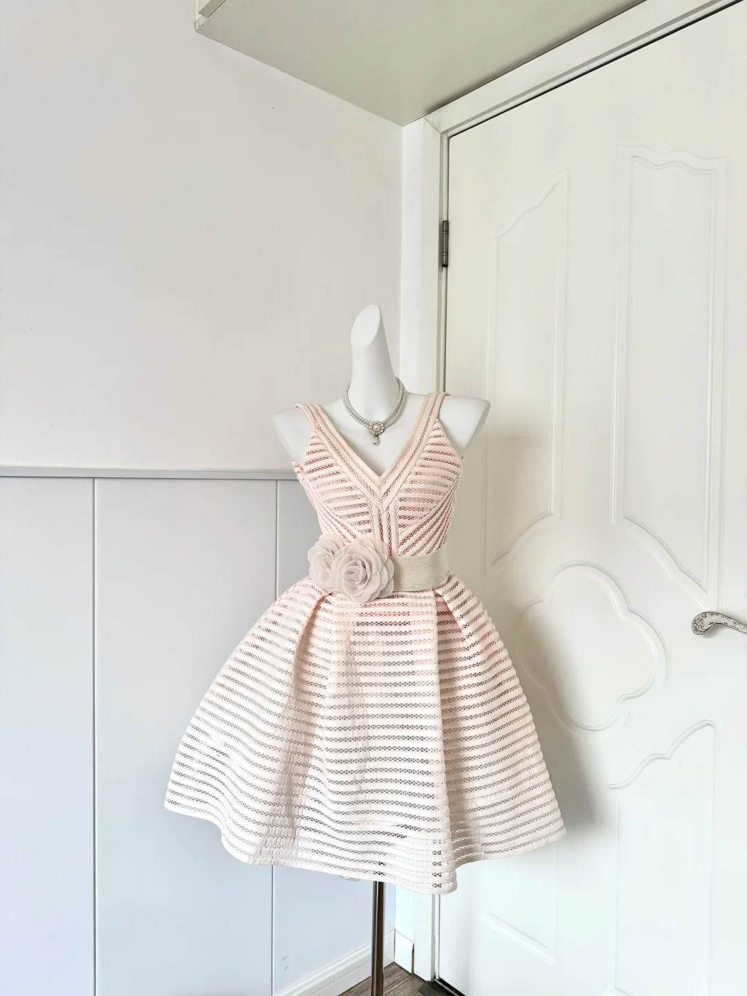 Women Light Pink Homecoming Dress, V‑Neck Sleeveless Strap Design, Striped Hollow‑Out Mesh, High Waist With 3D Fabric Flower Sash, Fit‑and‑Flare A‑Line Mini Cocktail Party Dress gh9242