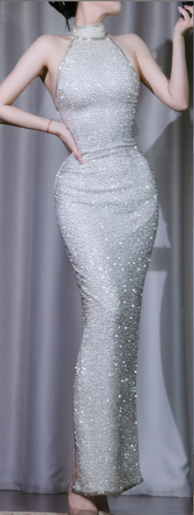 ✨Girlhomeshops-Silver Halter Sequin Prom Gown Open Back Mermaid Long Evening Dress gh10095