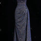 Blau Glänzend Elegante Spaghetti-trägern Exquisite Perlen Sexy Schlitz Lange Meerjungfrau Schlank Pailletten Ballkleid Abendkleid gh3359