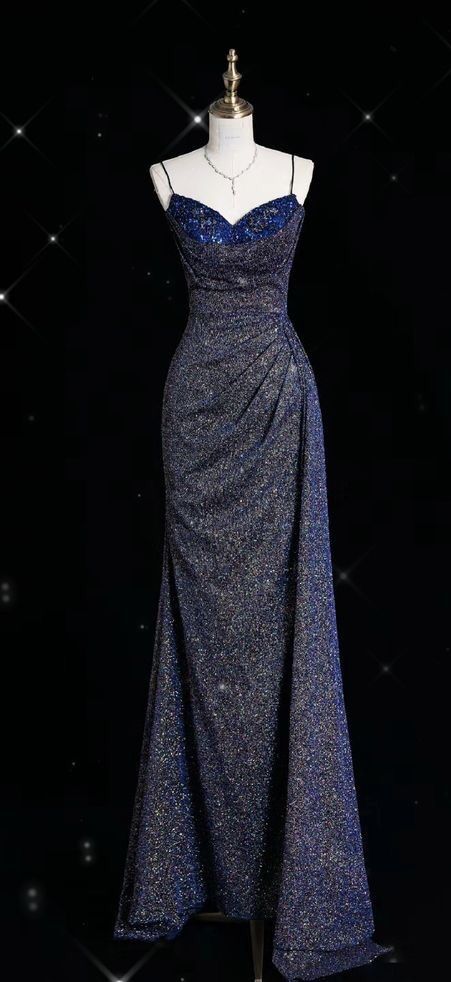 Blau Glänzend Elegante Spaghetti-trägern Exquisite Perlen Sexy Schlitz Lange Meerjungfrau Schlank Pailletten Ballkleid Abendkleid gh3359