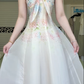 Watercolor Floral Print Long Evening Gown, Square Neck Cap Sleeve Bow Tie Chiffon A‑Line Prom Dress for Party Banquet gh8961