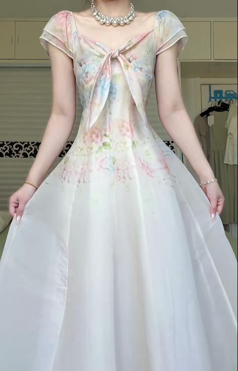Watercolor Floral Print Long Evening Gown, Square Neck Cap Sleeve Bow Tie Chiffon A‑Line Prom Dress for Party Banquet gh8961