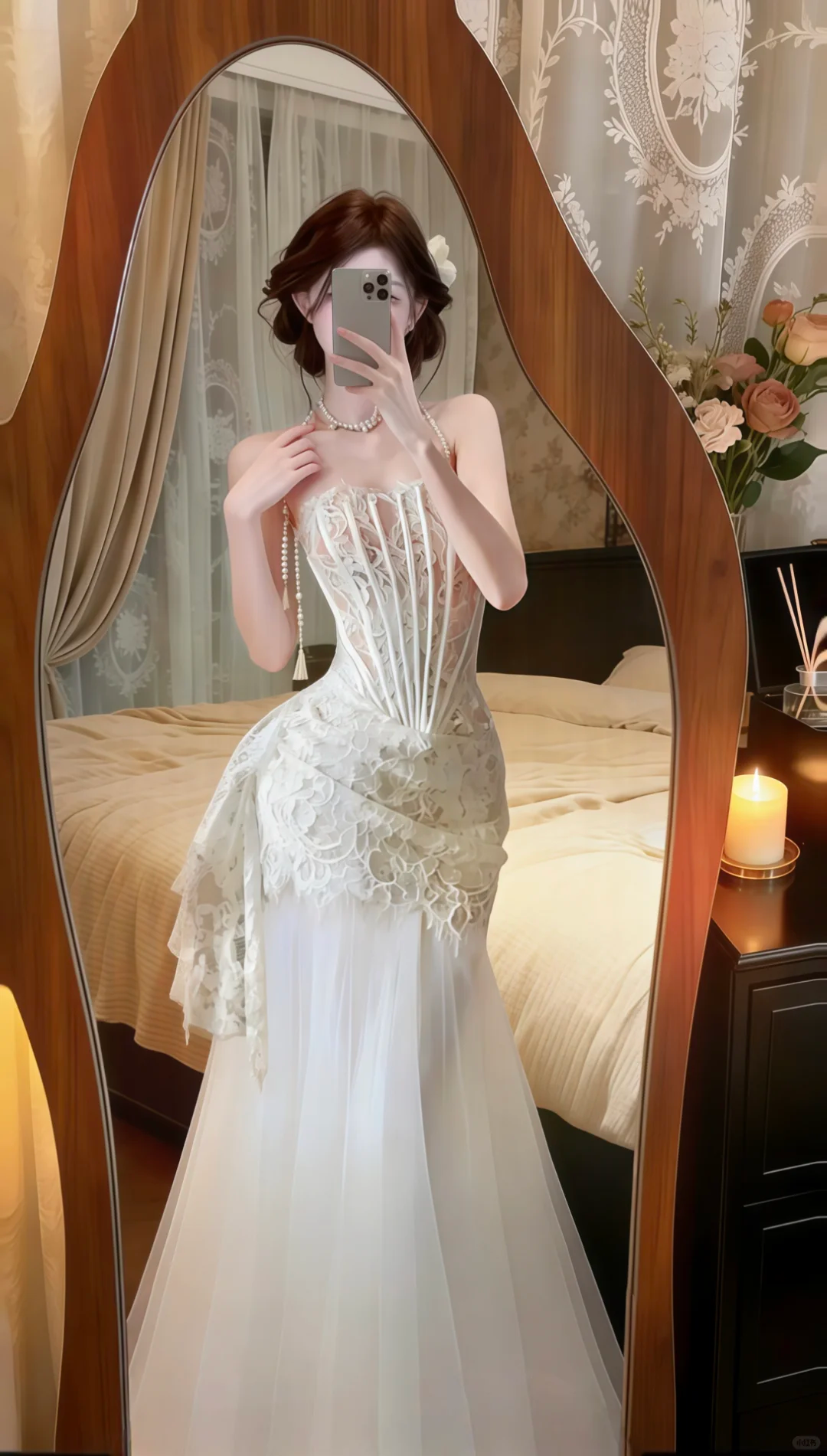 White Strapless Corset Wedding Gown, Lace Bodice Pearl Halter Strap Tulle Long Mermaid‑Style Prom Dress gh9137