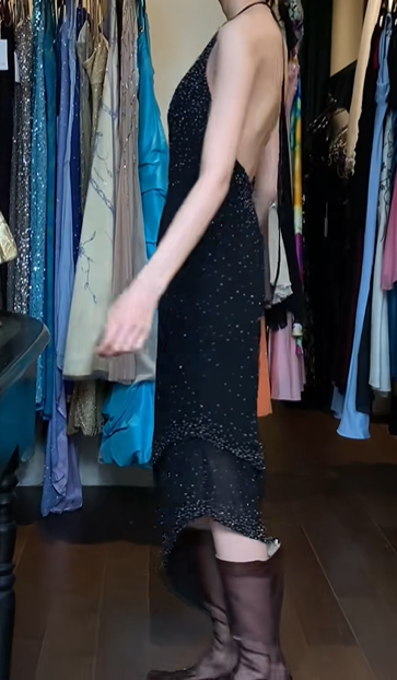 Black Vintage Prom Dress Halter Deep V Neck Starry Hand Beaded Bodycon Asymmetrical Ruffle Midi Evening Gown gh9615