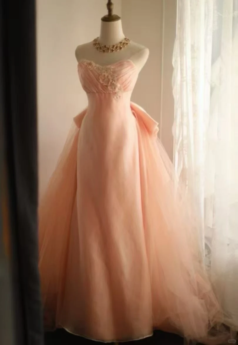 Peach Pink Strapless Ball Gown, Sweetheart Neckline 3D Floral Appliqué High Waist Back Big Bow Flowy Tulle A‑Line Long Formal Dress gh9109