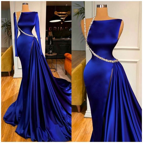 Robe de soirée longue bleue magnifique et brillante avec fente latérale élégante et longue au sol gh3232