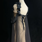 Square Neck Nude Mermaid Prom Dress Black Satin Bows Beaded Fringe Formal Gown with Mesh Train Cape gh9549