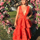Deep V neck orange A-line long tiered ball gown evening dress gh2810