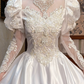White Vintage Satin Wedding Ball Gown, Tassel Fringe Illusion High Neck Over Sweetheart Neck, Puff Long Sleeves With Sheer Lace Lower Arms, Heavy Lace Beaded Appliqué Pointed Waist, Voluminous A‑Line Skirt With Scalloped Lace Hem, Prom Dress gh8653