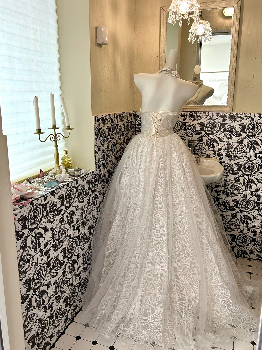 Light Grey Strapless Waist-Cinched Embroidered Beaded Luxury Vintage Romantic Dress, Wedding Gown gh7578