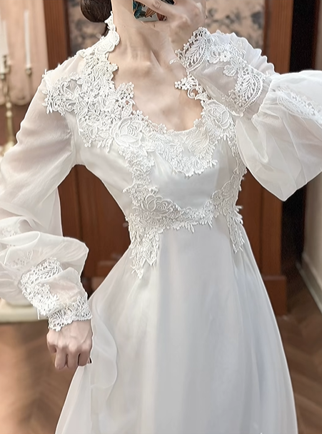 White Vintage Edwardian Wedding Gown, V‑Neck Lace Trim Stand Collar, Lantern Puff Long Sleeves, High Waist With Floral Lace Appliqués, Flowy Chiffon Flared Long Skirt, Prom Dress gh8660
