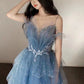 Blue gorgeous tulle beaded long A-line ball gown evening dress gh2105