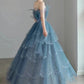 Blue gorgeous tulle beaded long A-line ball gown evening dress gh2105