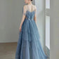 Blue gorgeous tulle beaded long A-line ball gown evening dress gh2105
