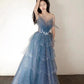 Blue gorgeous tulle beaded long A-line ball gown evening dress gh2105
