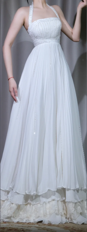 ✨Girlhomeshops-White Halter Bridal Gown Square Neck Hand Beaded Pleated Chiffon A Line Wedding Dress gh10078