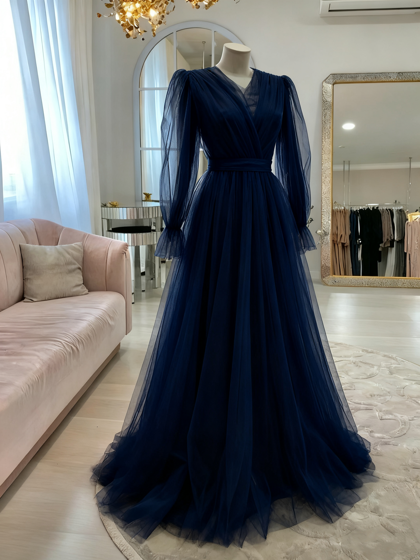 Robe de soirée longue en tulle rose de haute qualité, simple et élégante, à manches longues, robe de bal, robe de mariée, robe d'invitée, robe de gala Gh2215