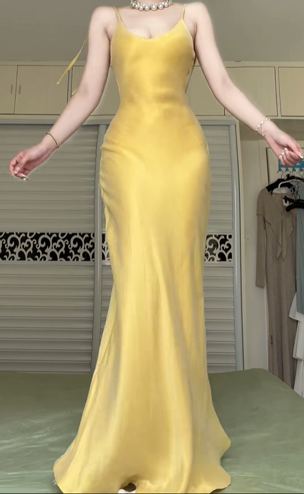 Golden Yellow Satin Spaghetti Strap Mermaid Long Evening Gown, V‑Neck Back Tie Adjustable Formal Prom Dress gh8984