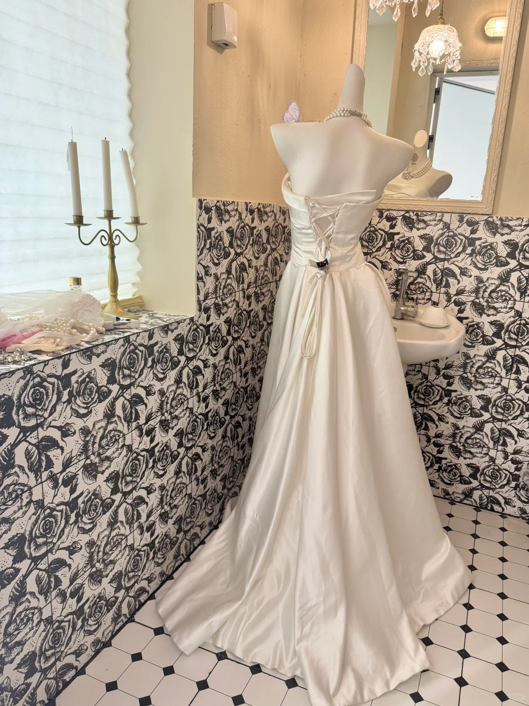 White Satin Strapless Cinched Waist Full Flared Skirt Long Premium Romantic Dress, Wedding Gown gh7795