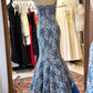 Robe sirène bandeau en dentelle bleue et blanche : broderie riche, robe dégradée, robe longue de banquet haut de gamme gh6585