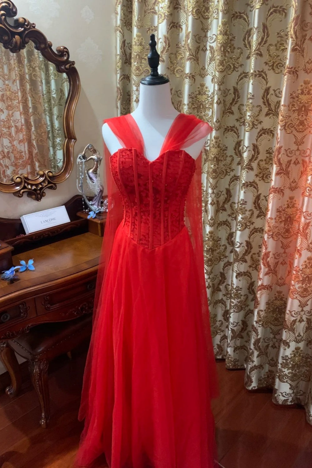 girlhomeshops – Rotes, leidenschaftliches, exquisit perlenbesetztes langes formelles Ballkleid gh6302