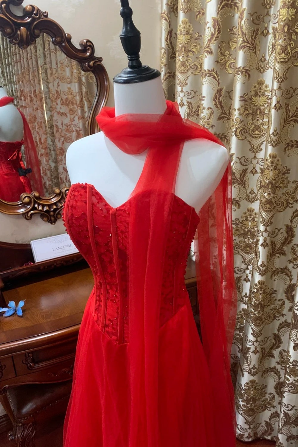girlhomeshops – Rotes, leidenschaftliches, exquisit perlenbesetztes langes formelles Ballkleid gh6302