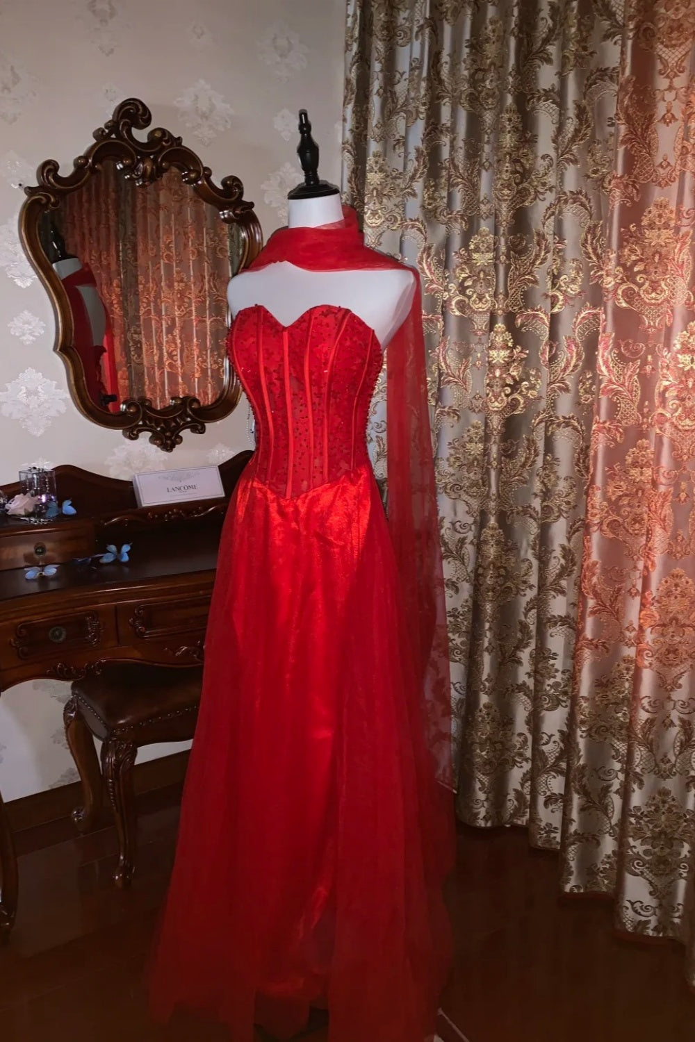 girlhomeshops – Rotes, leidenschaftliches, exquisit perlenbesetztes langes formelles Ballkleid gh6302