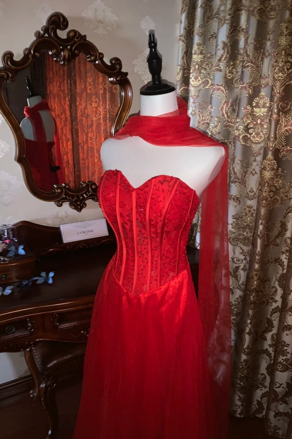 girlhomeshops – Rotes, leidenschaftliches, exquisit perlenbesetztes langes formelles Ballkleid gh6302