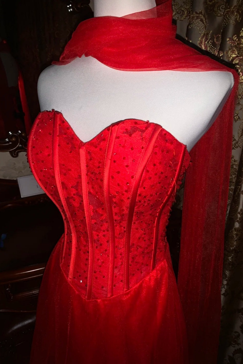 girlhomeshops – Rotes, leidenschaftliches, exquisit perlenbesetztes langes formelles Ballkleid gh6302