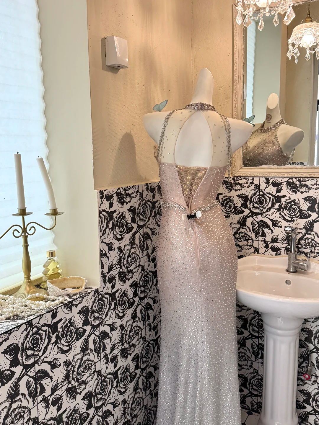 Light Grey Gradient Halter Silver Embellished Waist-Cinched Fitted Mermaid Sexy Romantic Dress, Wedding Gown gh7594