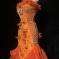 ✨Girlhomeshops-Orange Spaghetti Strap Mermaid Gown Feather 3D Beaded Floral gh10139
