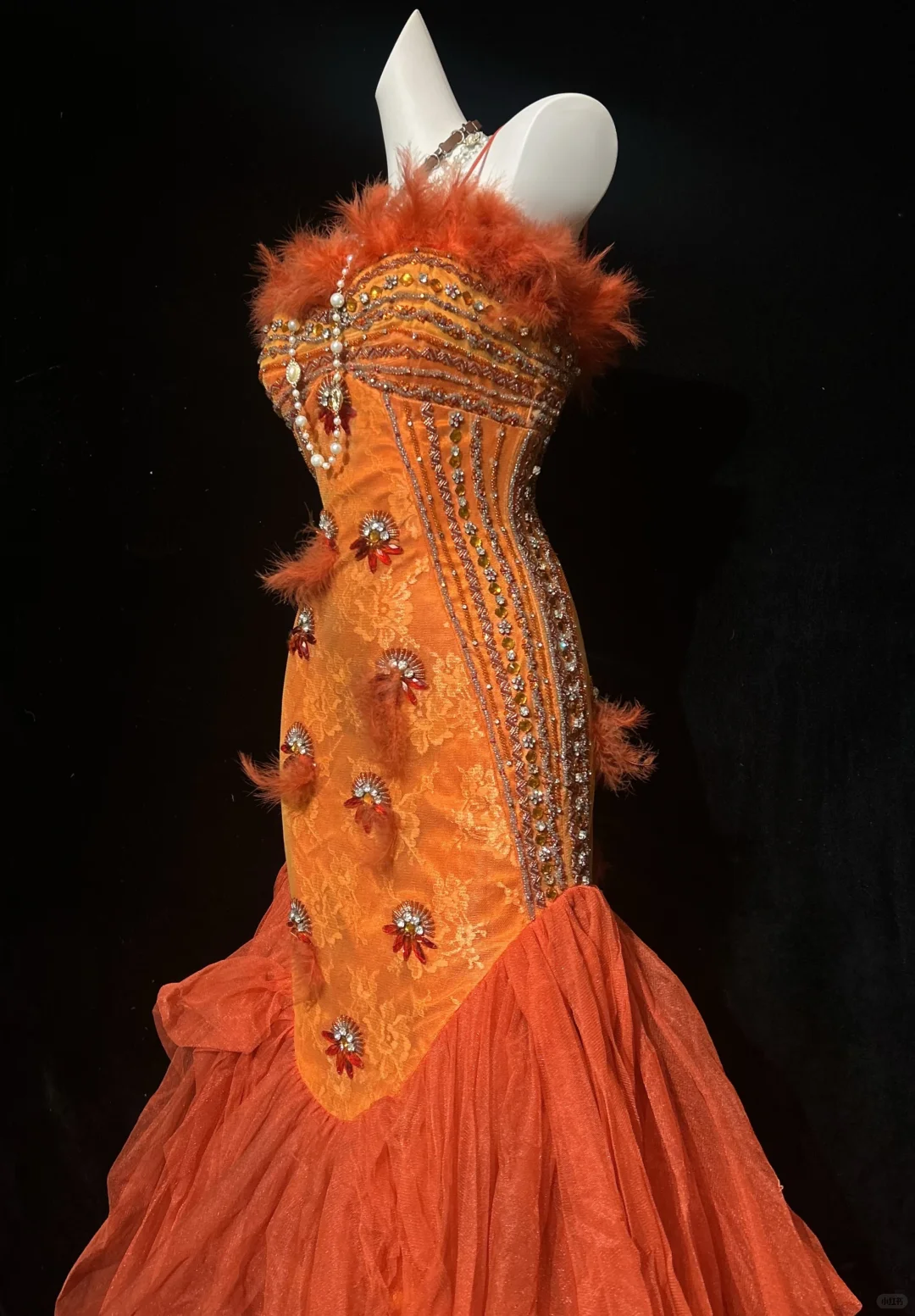✨Girlhomeshops-Orange Spaghetti Strap Mermaid Gown Feather 3D Beaded Floral gh10139