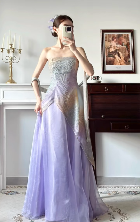 Lavender Purple Vintage Strapless Prom Gown, Gradient Silver‑Tone Beaded Embroidery Bodice, Asymmetrical Draped Overlay Panel, Flowy Organza Full Floor‑Length Skirt, Fairy‑Style Evening Prom Dress gh8809