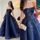 Marineblaues, trägerloses Ballkleid mit 3D-Blumenapplikationen und Perlenstickerei, bodenlanges Abendkleid für formelle Hochzeiten und Abendveranstaltungen gh7098