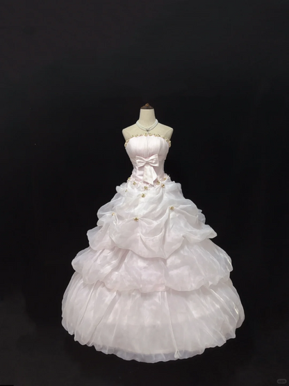 Blush Pink Strapless Gown, Cinched Waist, Voluminous Princess Skirt, Elegant Cute Romantic Dress, Wedding Gown gh8093
