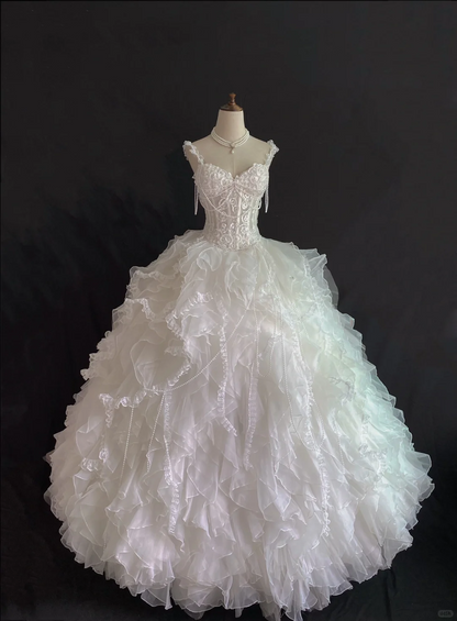 White Spaghetti Strap Lace Romantic Luxury Gown, Cinched Waist, Voluminous Princess Skirt, Wedding Dress & Bridal Gown gh8268