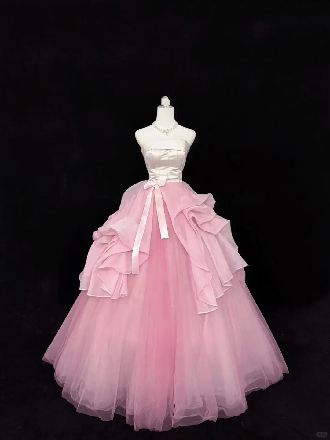 Blush Pink Satin Strapless Cinched Waist Dress with Contrast Pink Voluminous Skirt, Long Romantic Gown, Wedding Dress gh7917