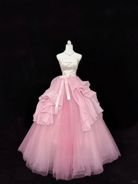 Blush Pink Satin Strapless Cinched Waist Dress with Contrast Pink Voluminous Skirt, Long Romantic Gown, Wedding Dress gh7917