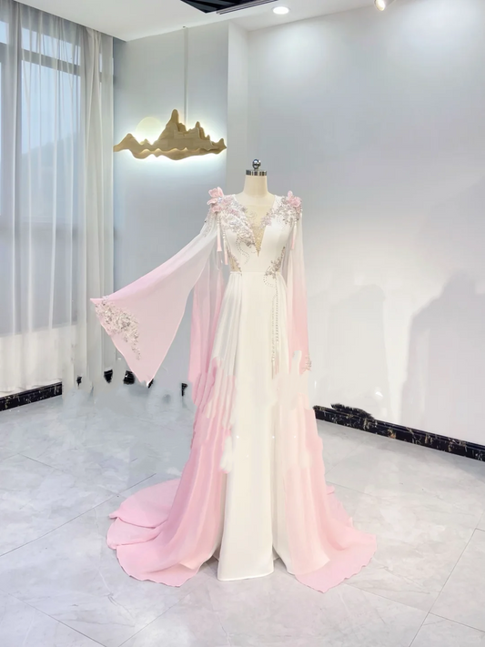 Light Pink Gradient V-Neck Waist-Cinched Fitted Long Evening Dress, Fairy Gown, Romantic Gown gh7385