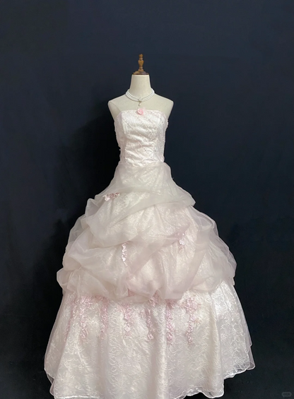 Blush Pink Strapless Elegant Romantic Gown with Fitted Waist and Fluffy Princess Skirt, Wedding Dress & Bridal Gown gh8318
