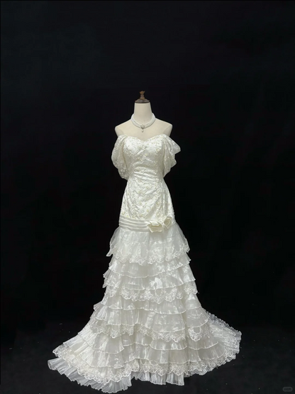 White Off Shoulder Vintage Romantic Long Gown, Embroidered Design, Cinched Waist & Slim Fit, Wedding Dress & Bridal Gown gh8177