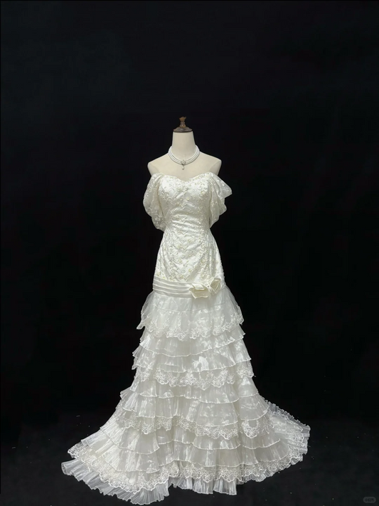 White Off Shoulder Vintage Romantic Long Gown, Embroidered Design, Cinched Waist & Slim Fit, Wedding Dress & Bridal Gown gh8177